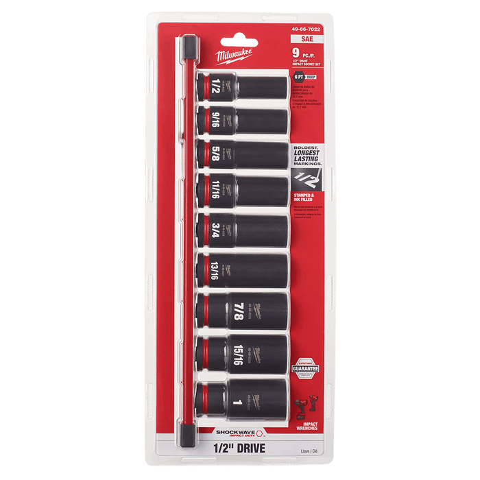 SHOCKWAVE™ 1/2" Drive 9PC SAE Deep 6 Point Impact Socket Rail Set