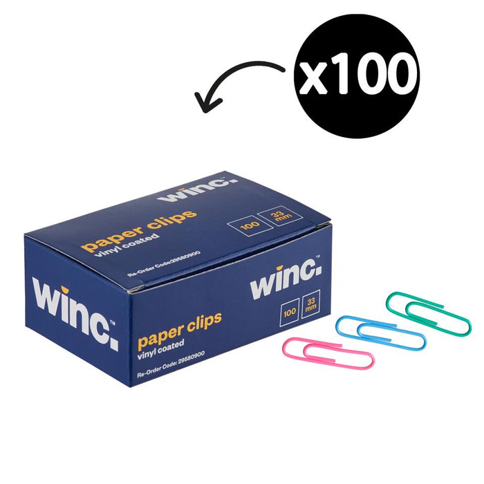 Winc Paper Clip Coloured PVC Steel 33mm Box 100