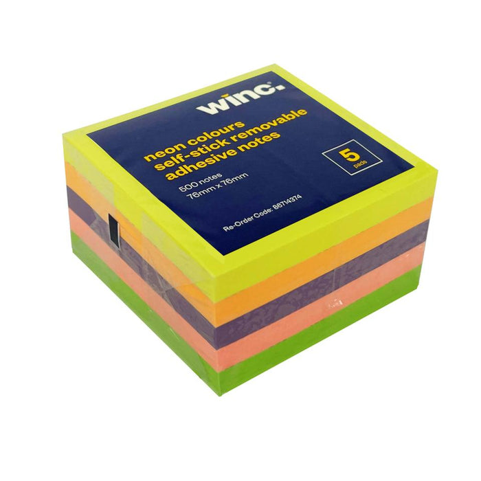 Winc Self-Stick Removable Notes 76 x 76mm Neon Pack 5